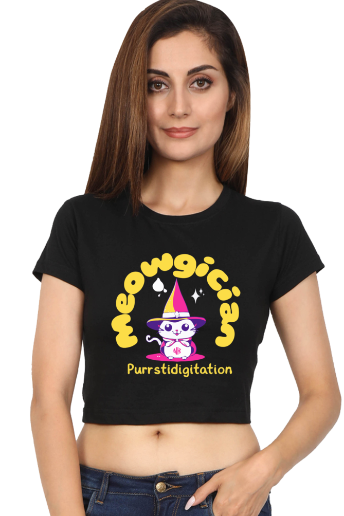 Women's Meowgician Cat Crop Top – Black Color Option