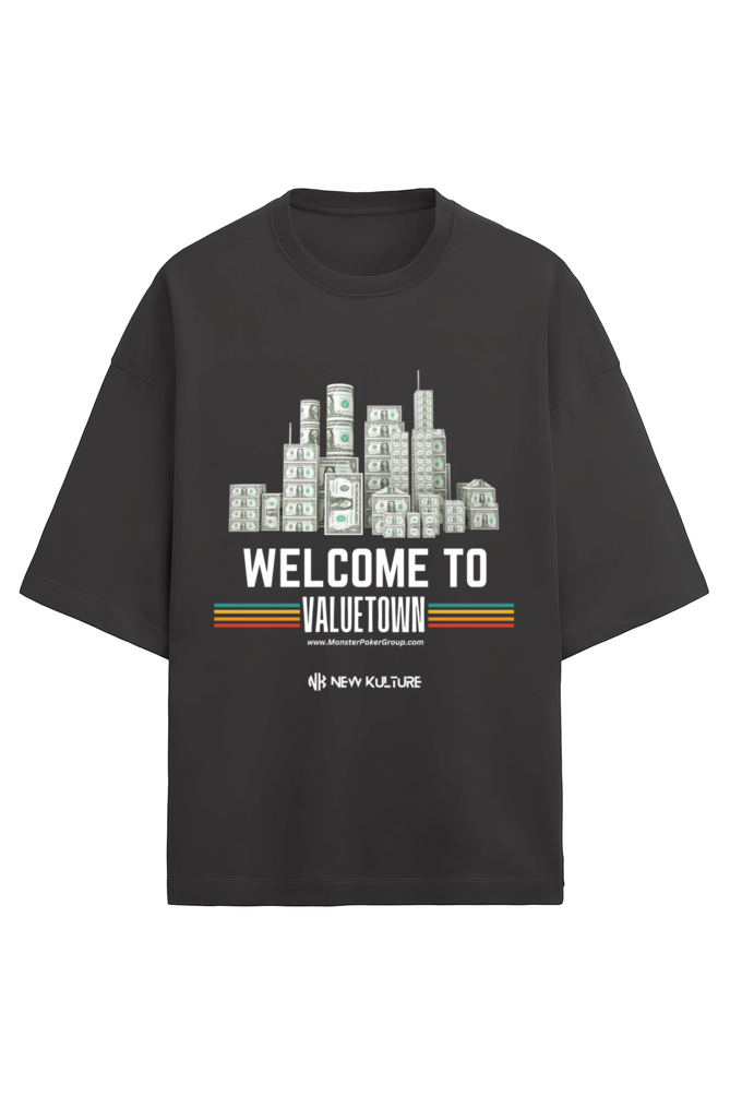 Black Poker Graphic Tee with 'Welcome to Valuetown' Text