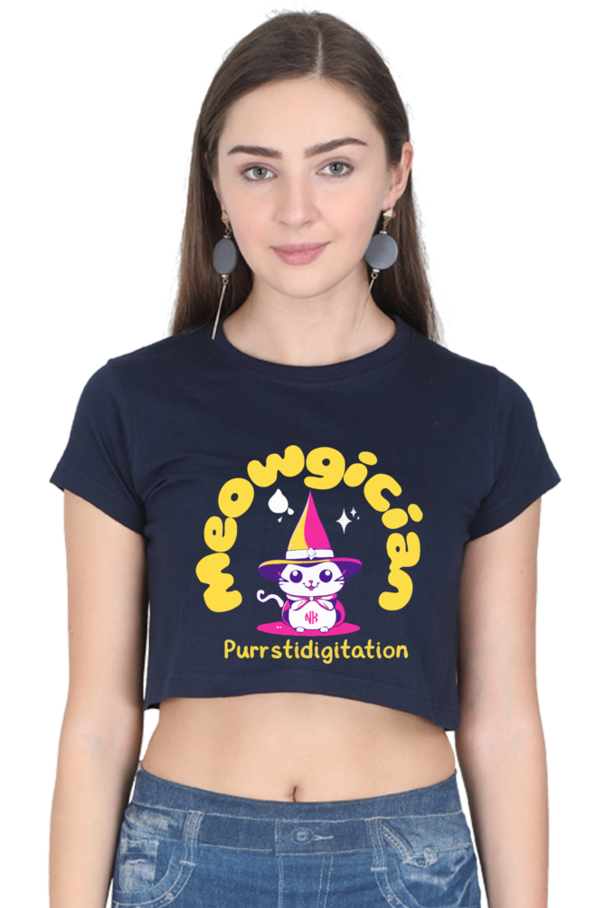 Purrfect Meowgician Crop Tee – Navy Blue Edition