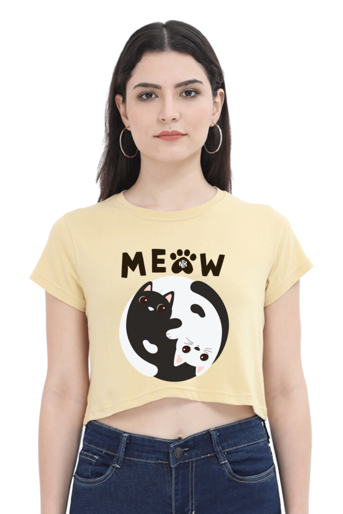 Kitty Meow Graphic Crop – Beige Color Option