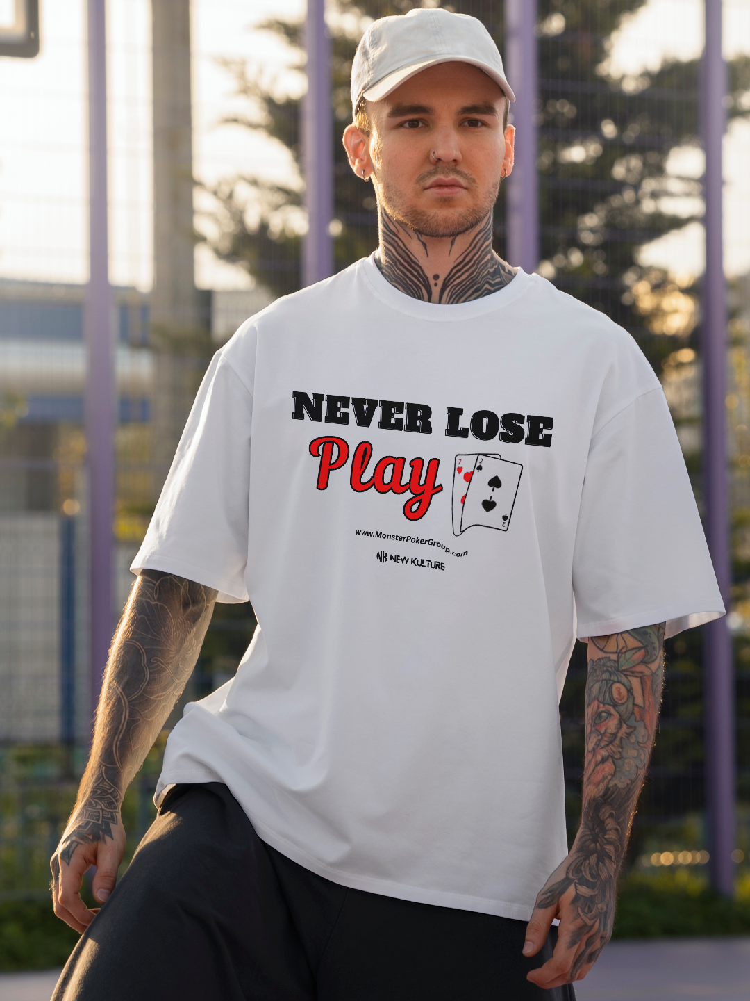 White Poker Graphic Tee with 'Never Lose Play 72' Text