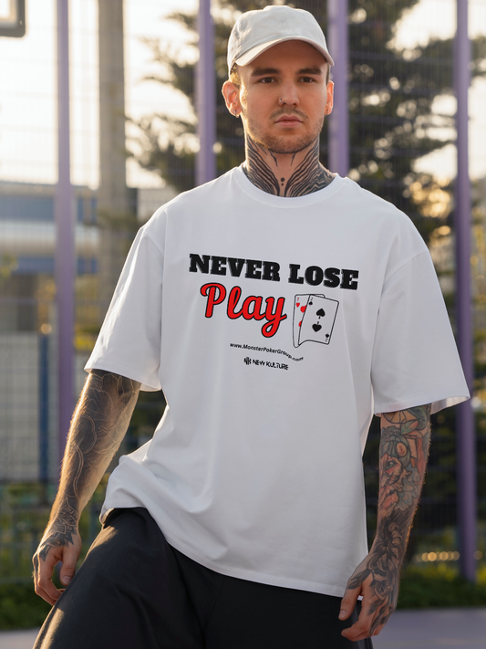 White Poker Graphic Tee with 'Never Lose Play 72' Text 