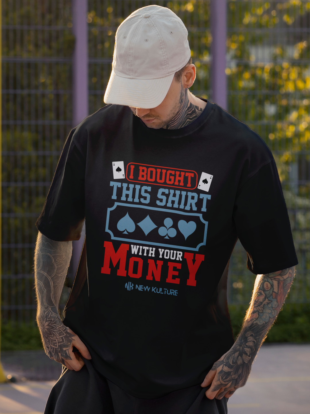 Black Unisex Oversized Tee with Poker Design