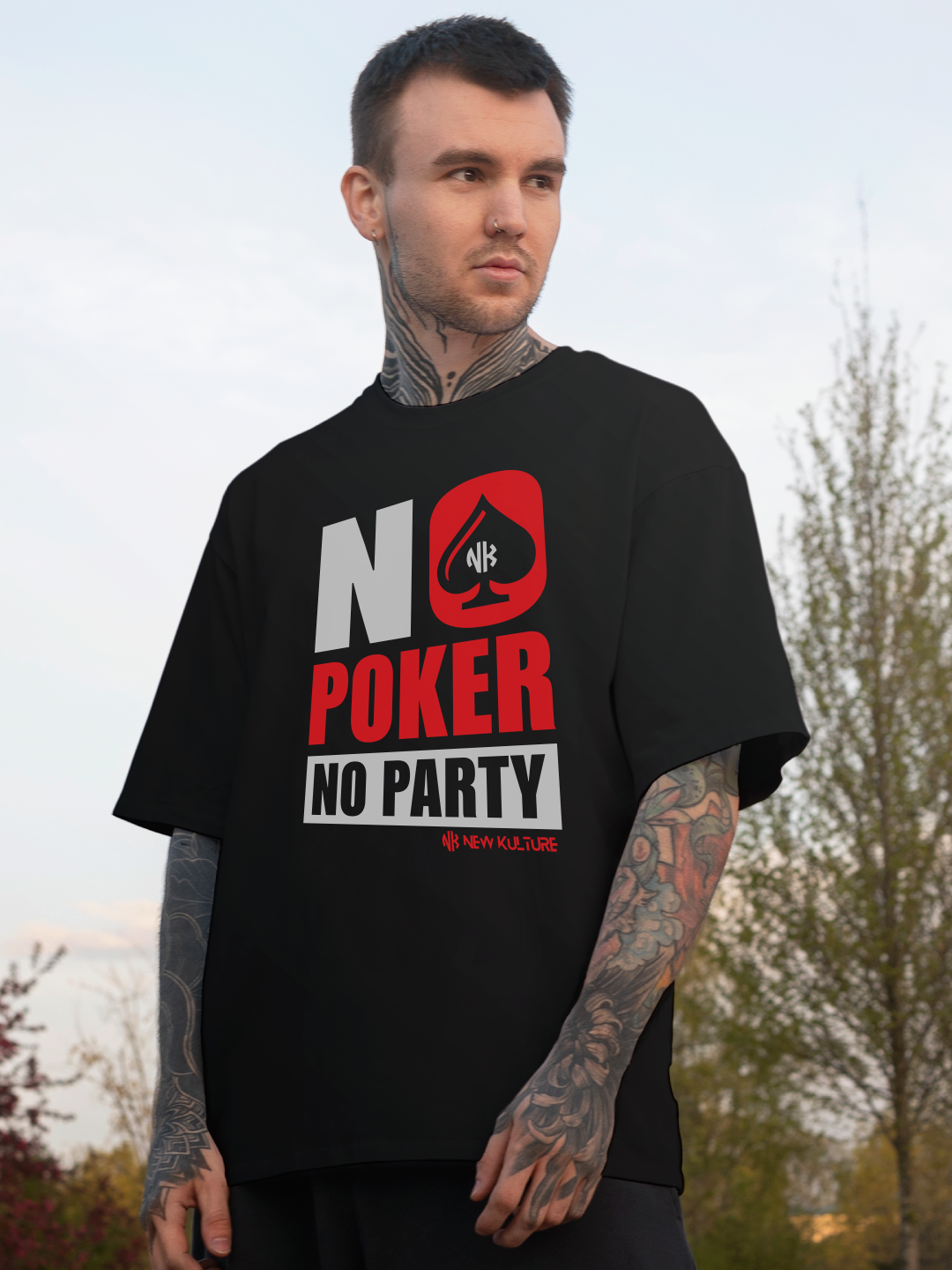 Black Unisex Oversized Tee with Poker Design