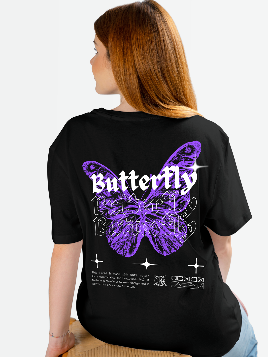 Women's Oversized T-shirt with Butterfly Design – Black Color Option