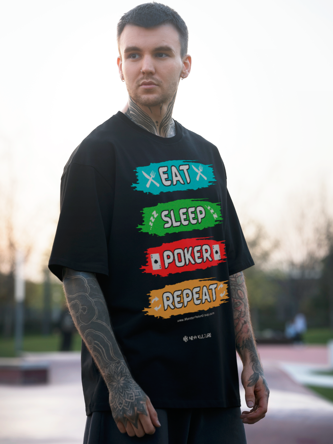 Black Unisex Oversized Poker Tee with 'Eat Sleep Poker Repeat' Text