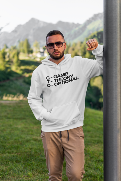 White Unisex Oversized Hoodie with 'GTO - Game Theory Optional' Text – Front View