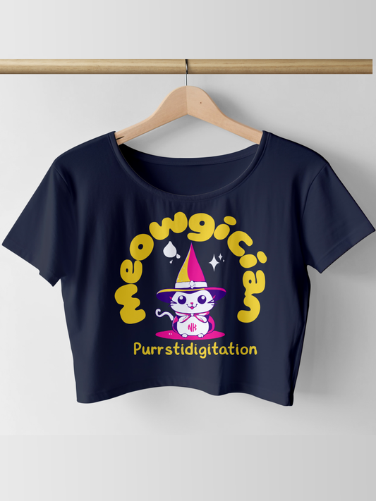 Purrfect Meowgician Crop Tee – Navy Blue Edition
