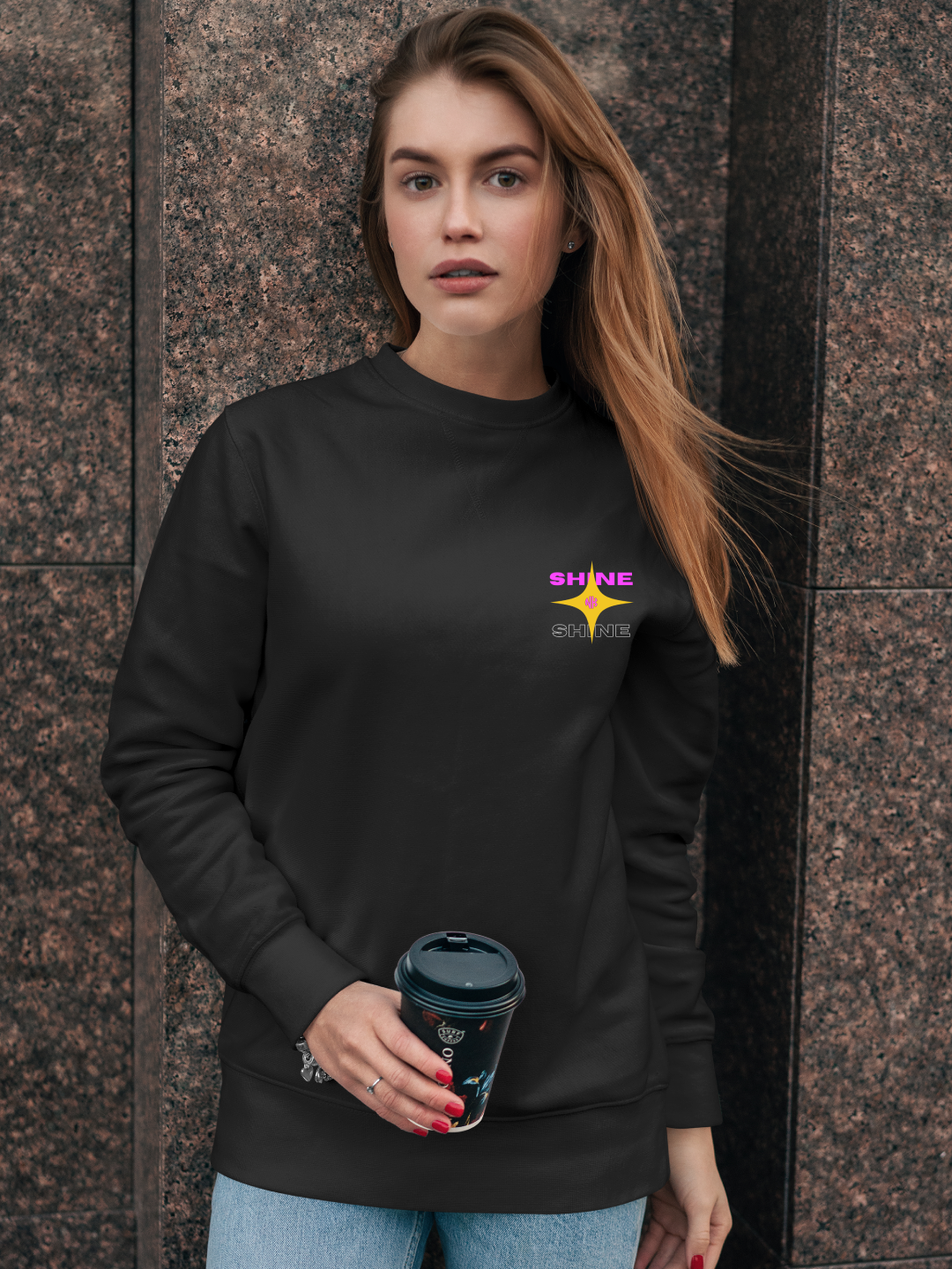 Women's Oversized Sweatshirt with Shine Text Design – Black Color Option