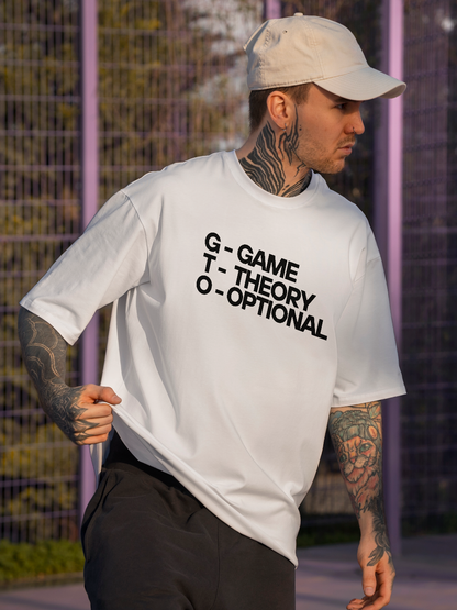 White Unisex Oversized Tee with 'GTO - Game Theory Optional' Text