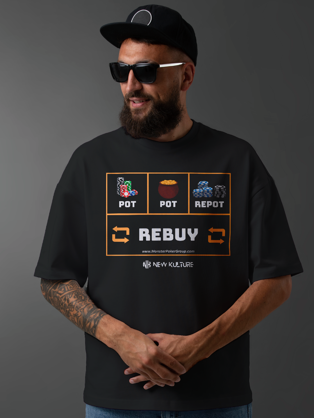 Black Unisex Oversized Poker T-Shirt with 'Pot Pot Repot. Rebuy