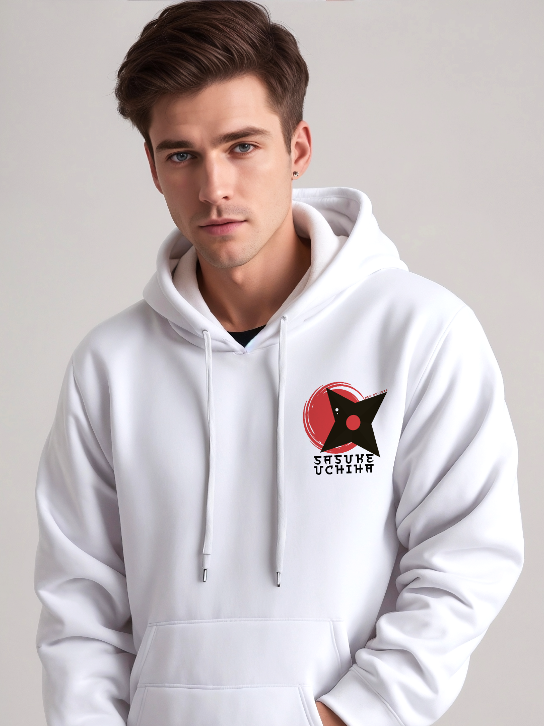 Men's Oversized Hoodie with Sasuke Uchiha Design – White Color Option