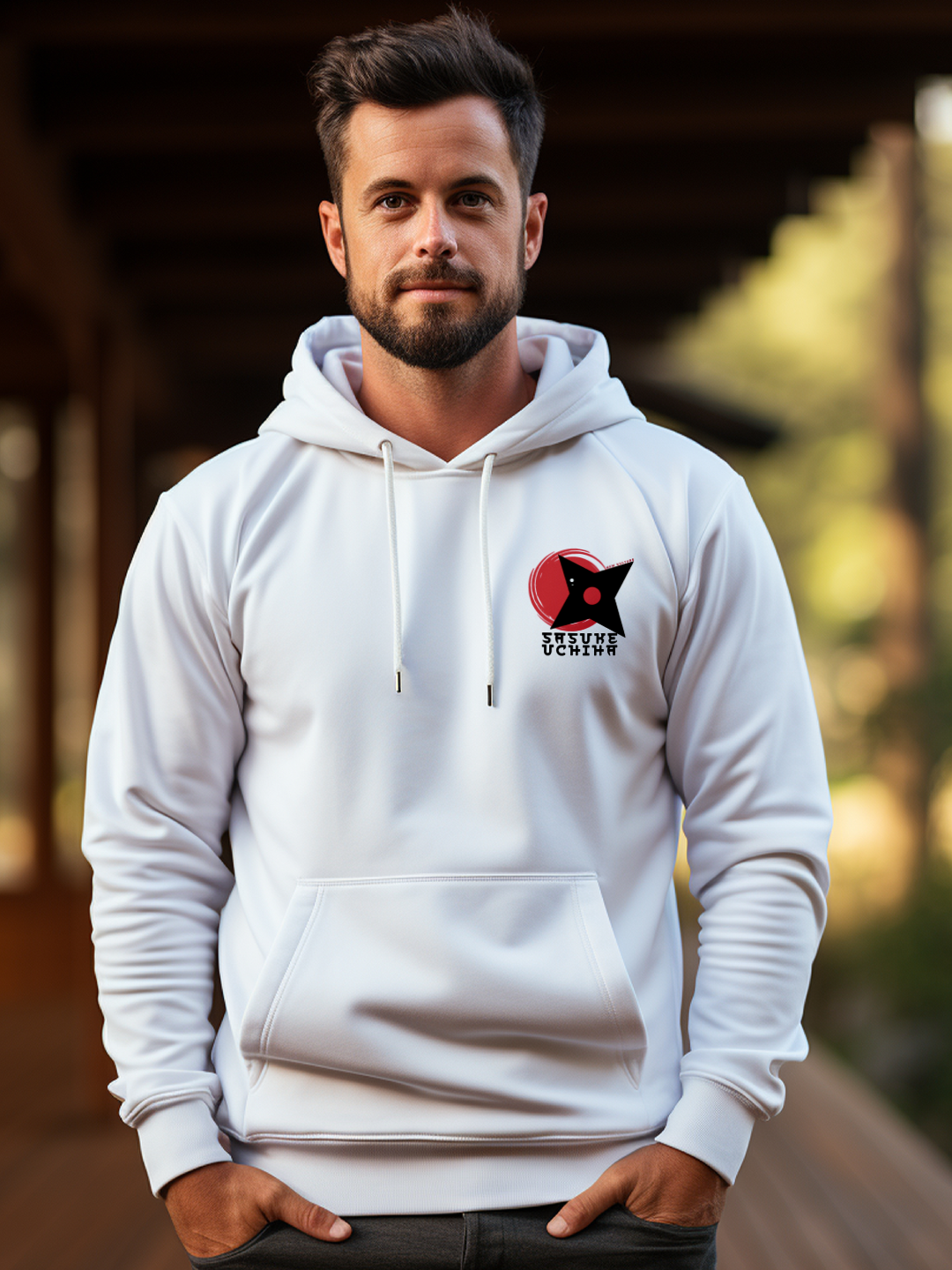 Men's Oversized Hoodie with Sasuke Uchiha Design – White Color Option