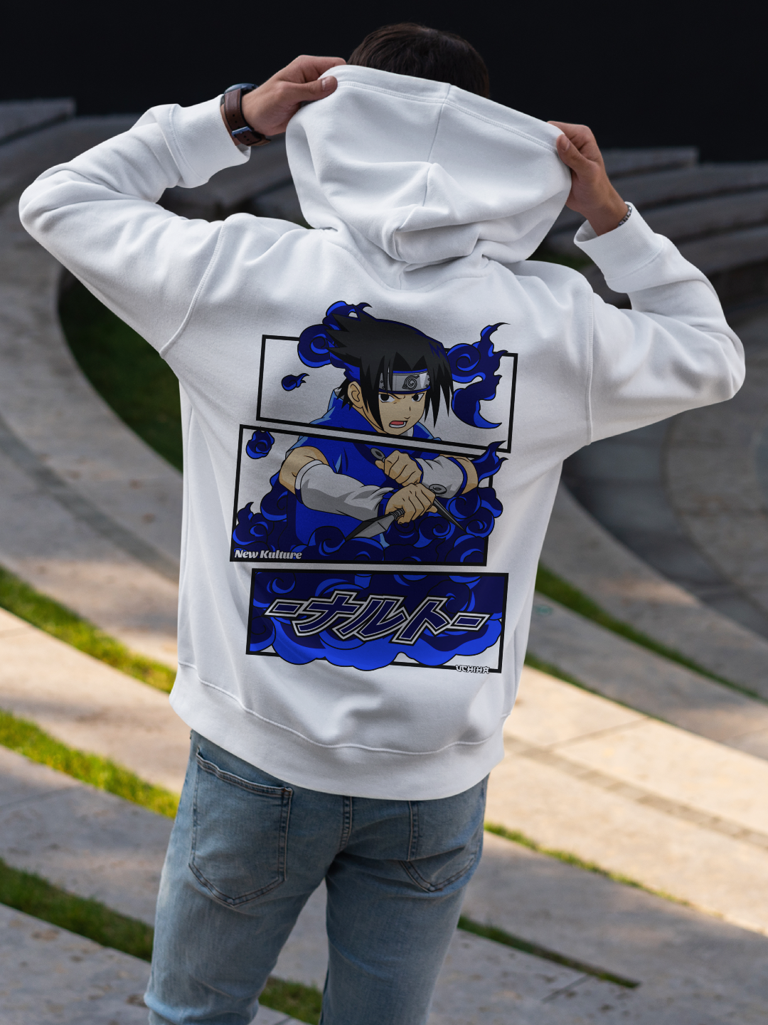 Men's Oversized Hoodie with Sasuke Uchiha Design – White Color Option