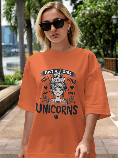 Women's Oversized T-shirt with 'Just a girl who loves unicorns' Design – Coral Color Option