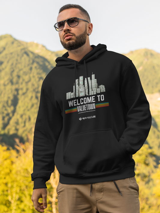 Black Unisex Oversized Hoodie with 'Welcome to Valuetown' Text