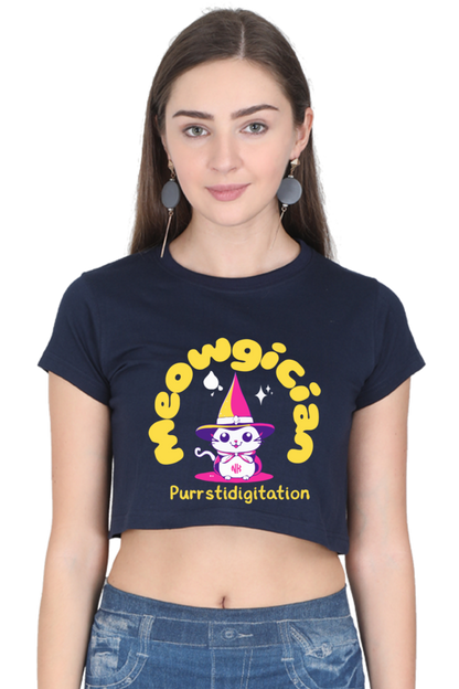 Purrfect Meowgician Crop Tee – Navy Blue Edition