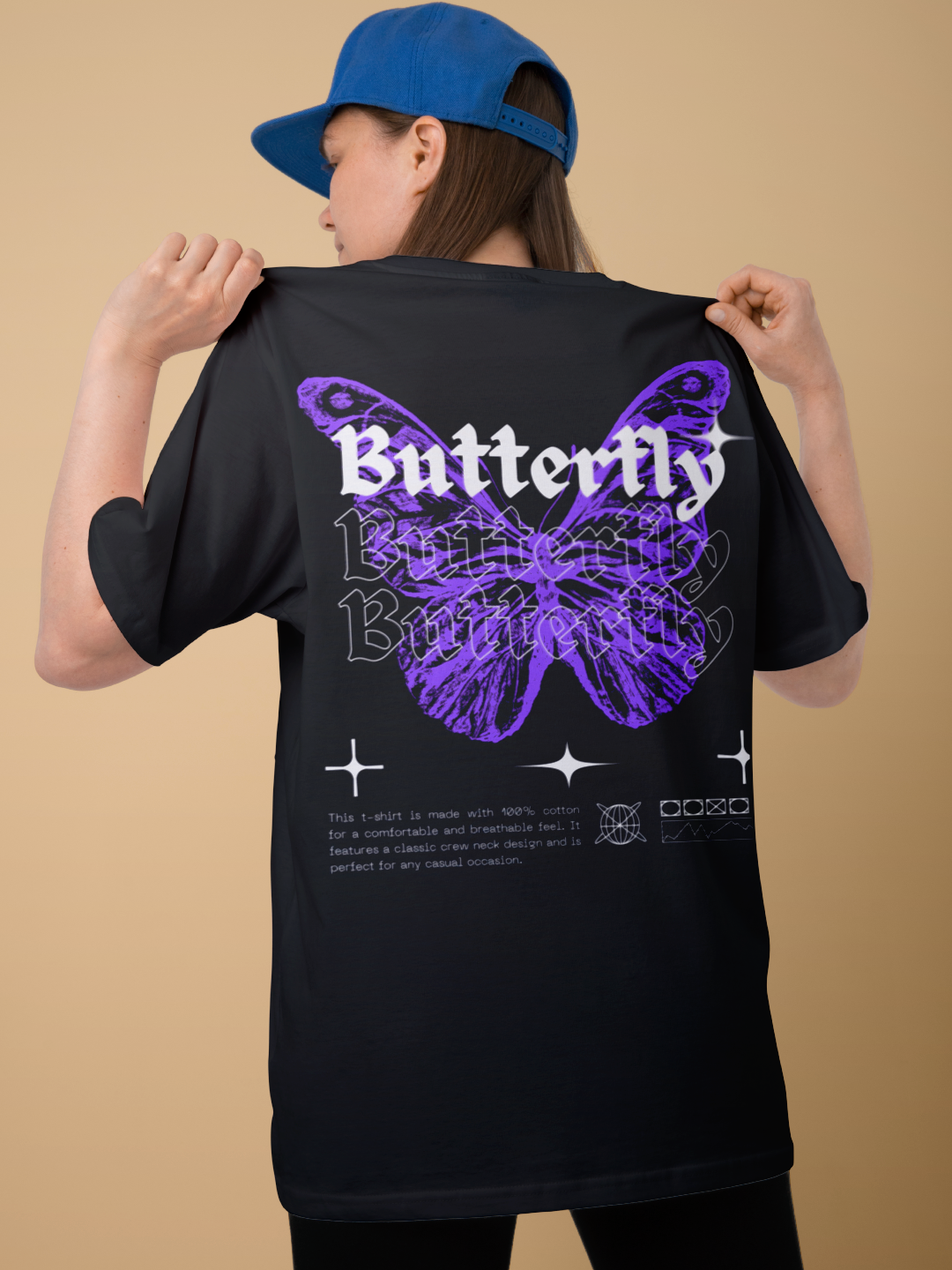 Women's Oversized T-shirt with Butterfly Design – Black Color Option