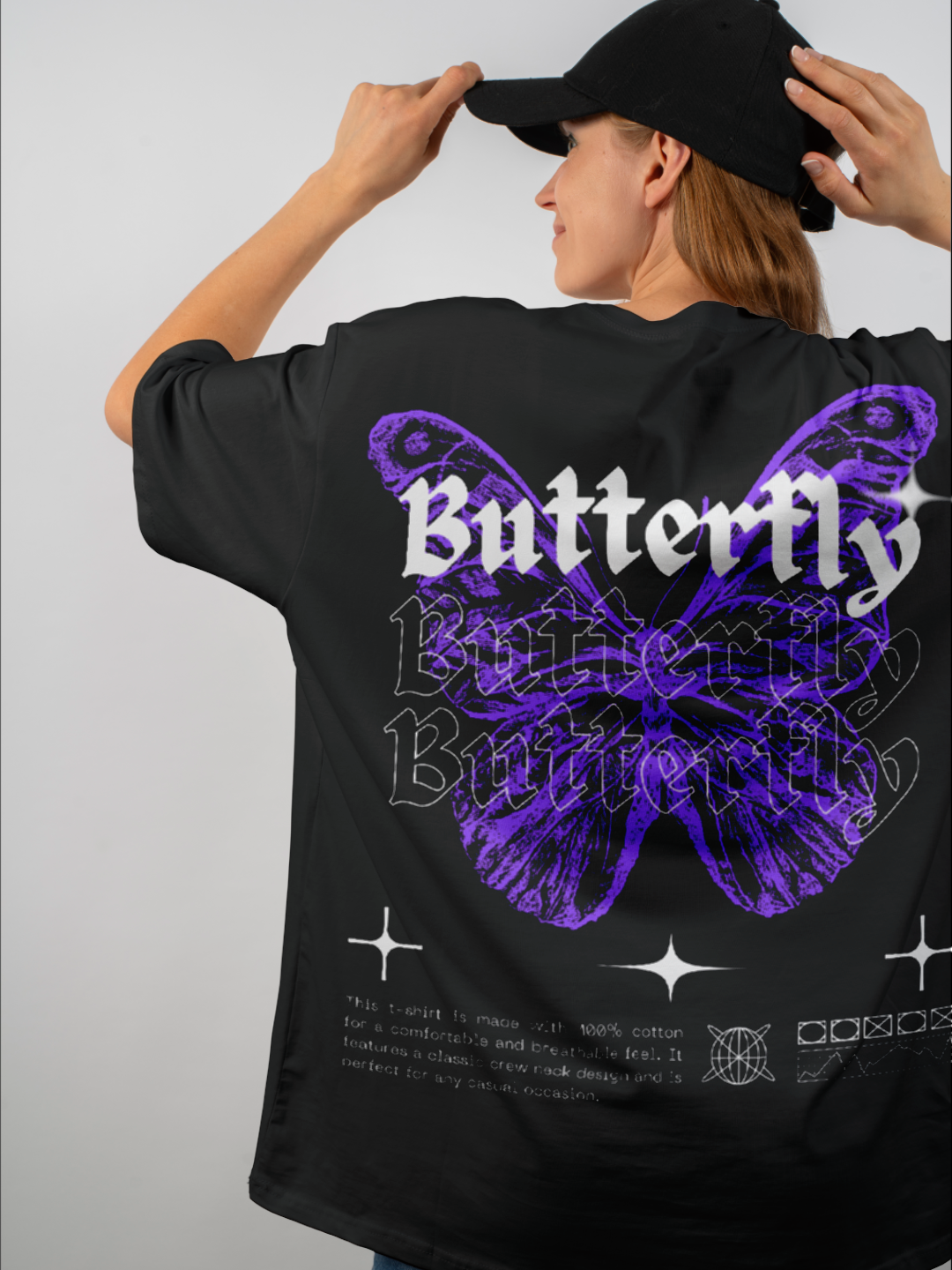 Women's Oversized T-shirt with Butterfly Design – Black Color Option