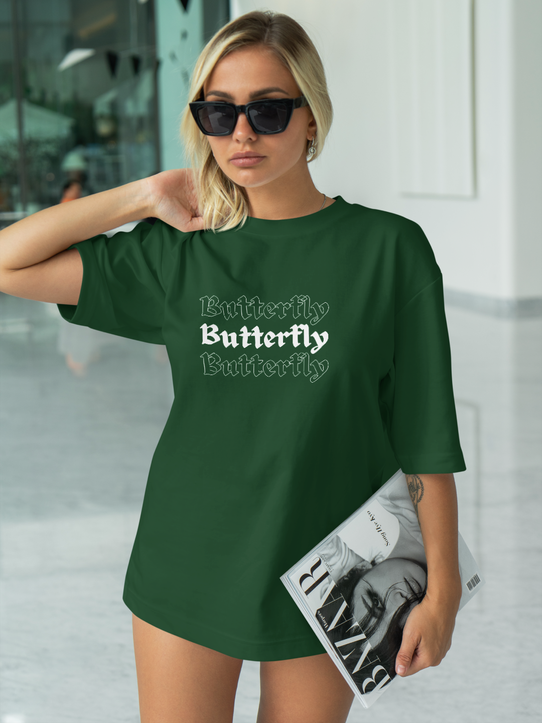 Wings of Beauty Women's Oversized Tee – Bottle Green Edition