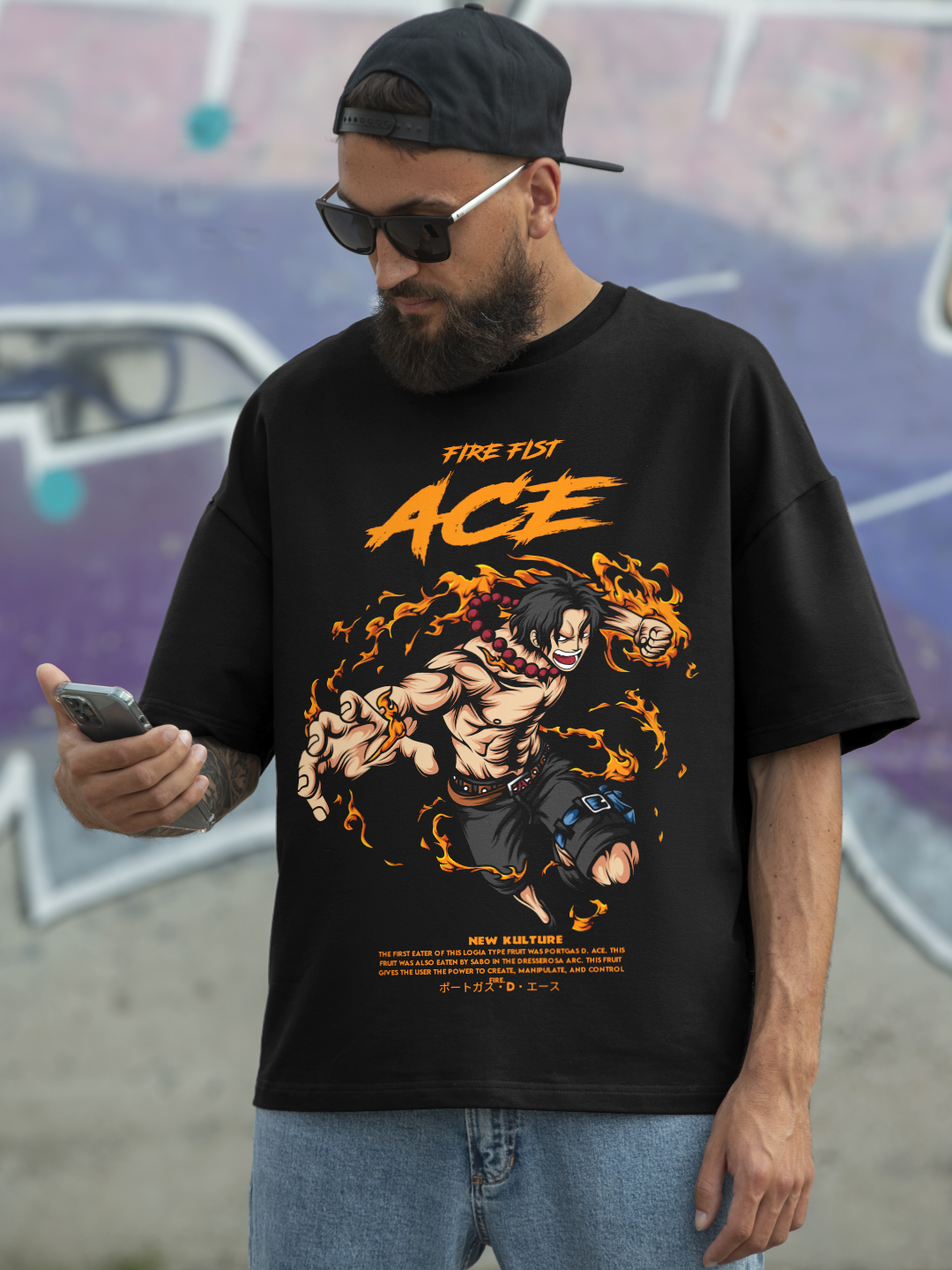 Men's Oversized T-shirt with Fire Fist ACE Design – Black Color Option