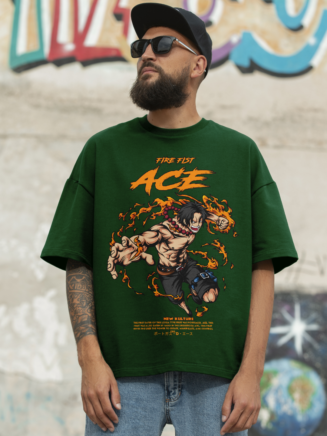 Fire Fist ACE Anime Tee – Bottle Green Edition