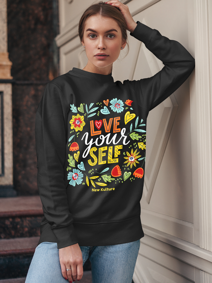 Women's Oversized Sweatshirt with 'Love yourself' Design – Black Color Option