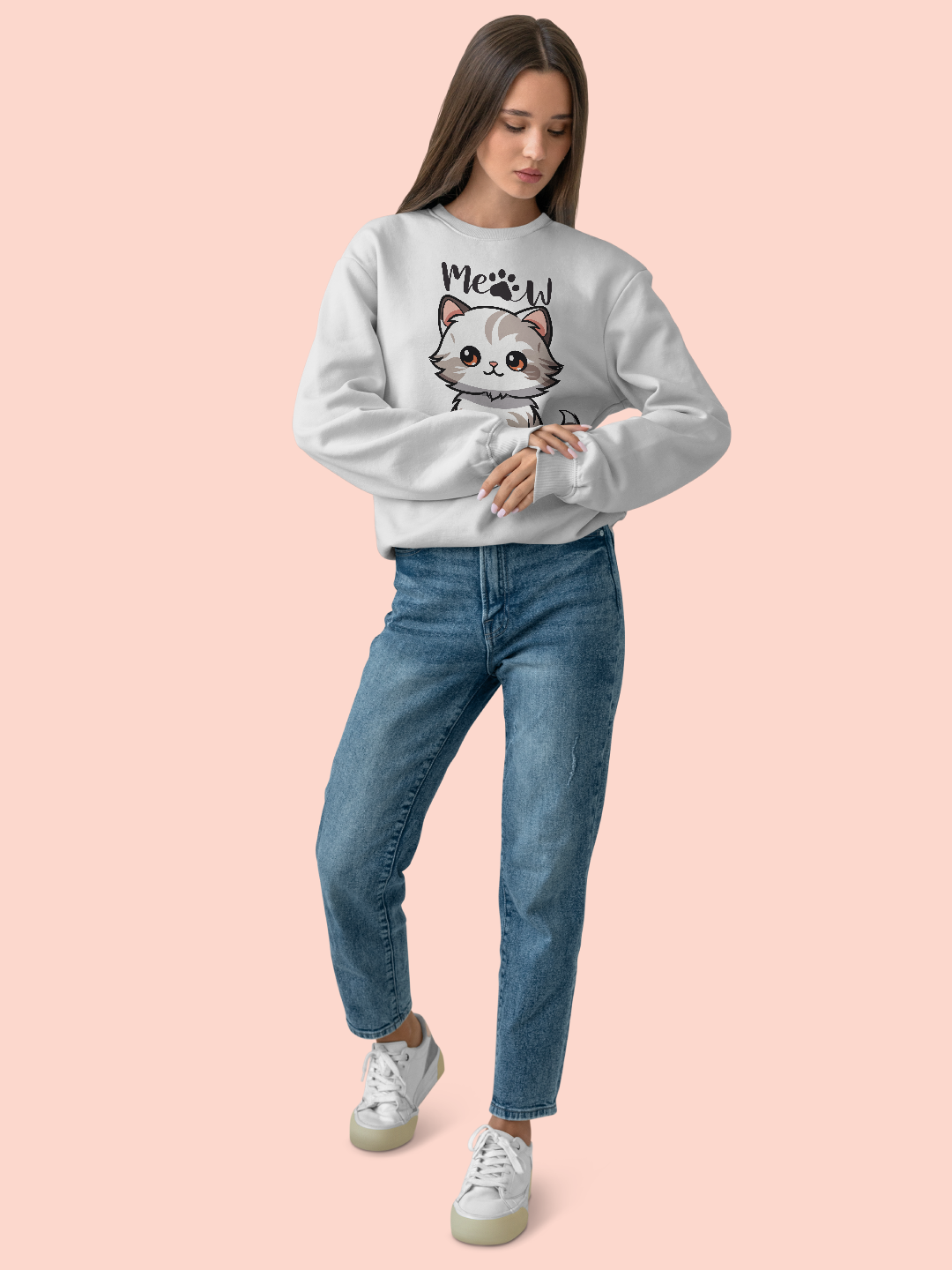 Women's Oversized Sweatshirt with Cat Design – White Color Option