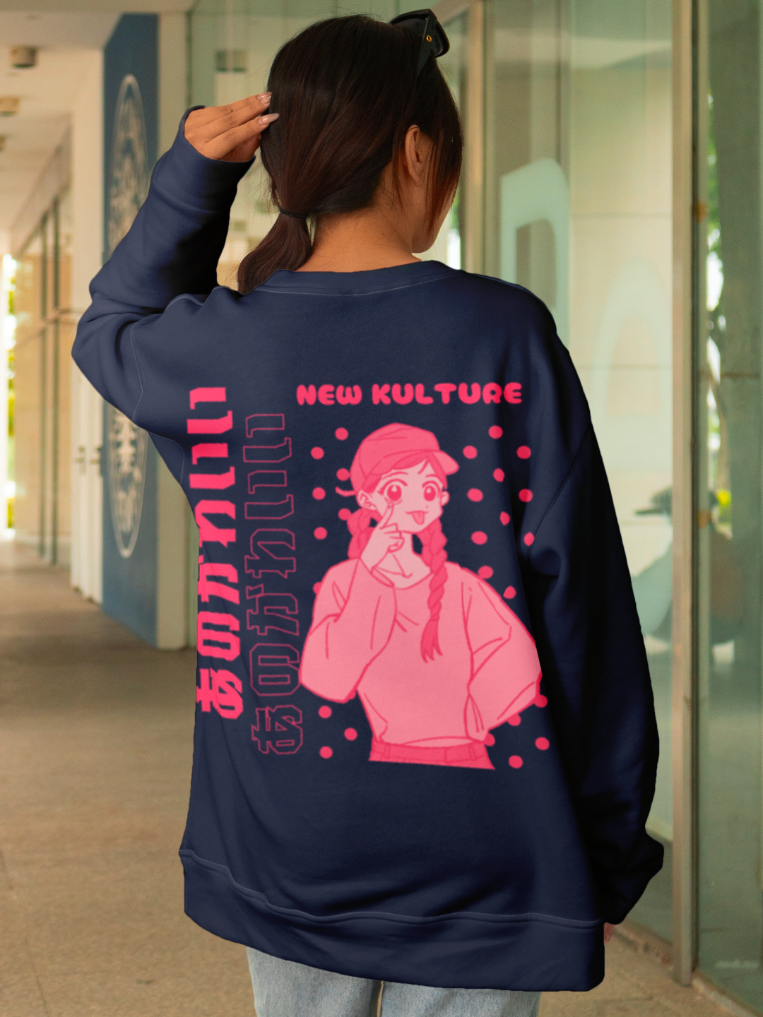 Pretty in Pink Anime Sweatshirt – Navy Blue Color Option