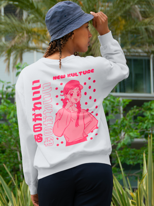 Women's Oversized Sweatshirt with Pink Anime Girl Design – White Color Option