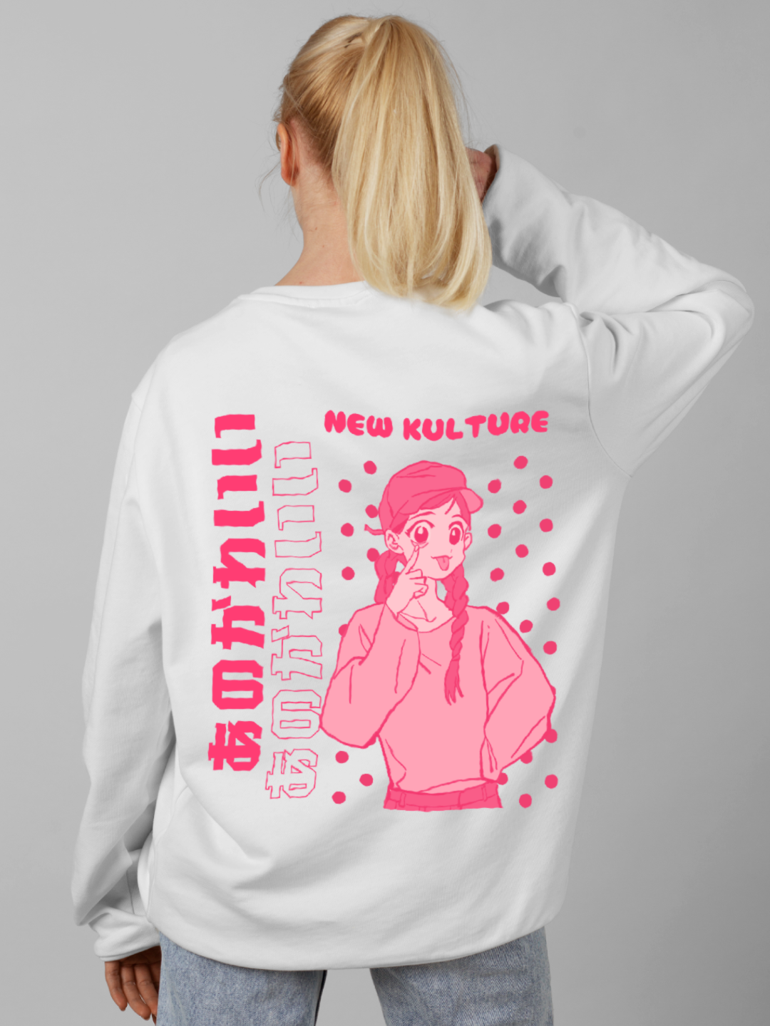 Women's Oversized Sweatshirt with Pink Anime Girl Design – White Color Option