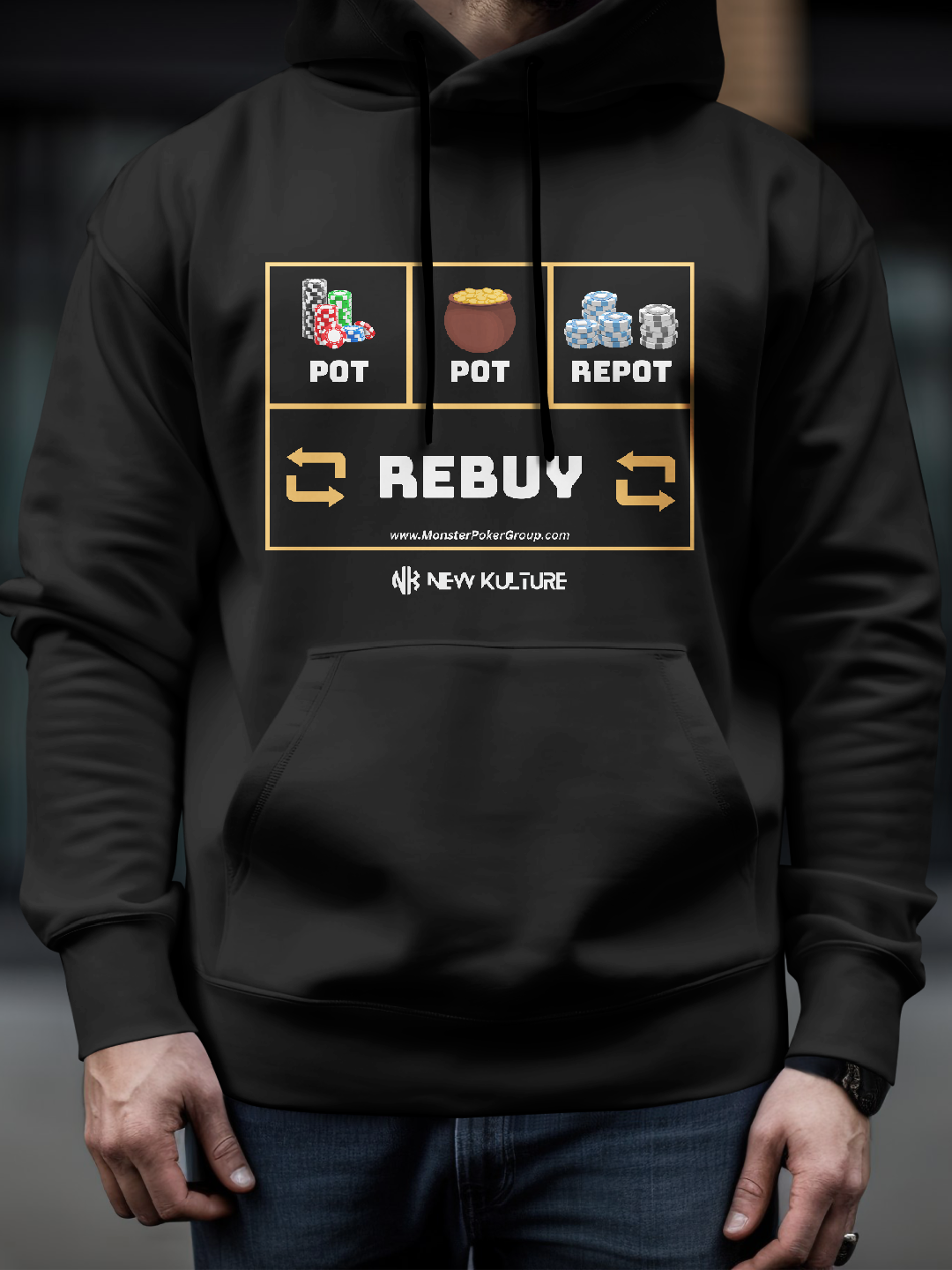 Black Unisex Oversized Poker Hoodie with 'Pot Pot Repot. Rebuy