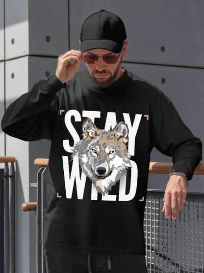 Men's Oversized Sweatshirt with Wolf Face Design – Black Color Option
