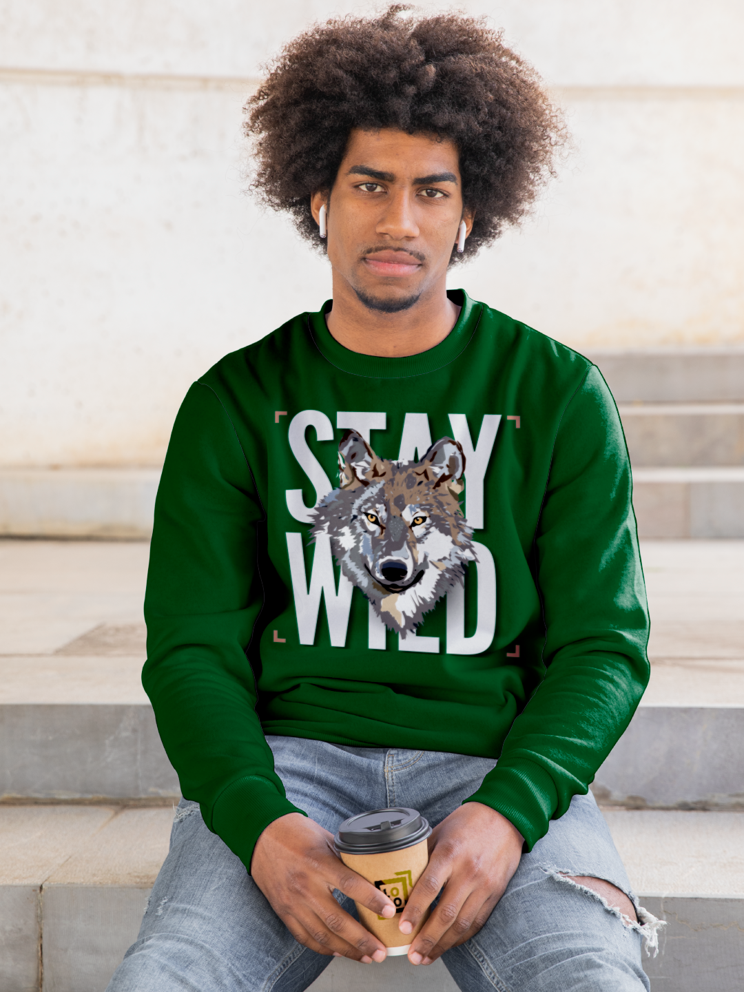 Stay Wild Wolf Men's Sweatshirt – Bottle Green Edition