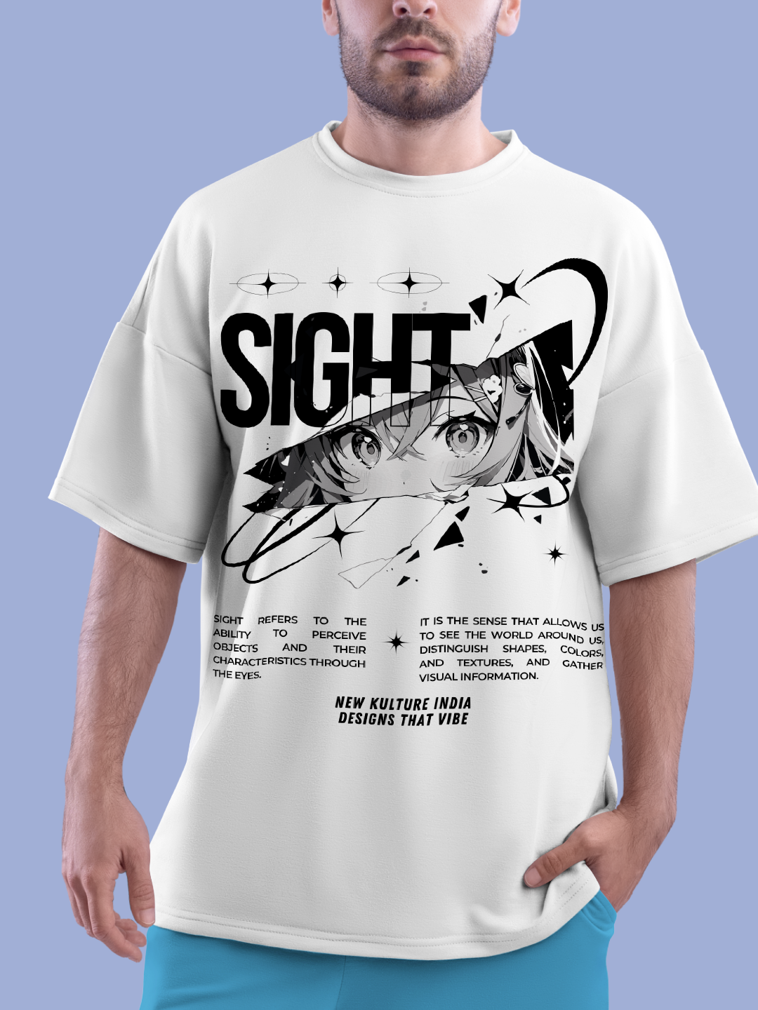 Men's Oversized T-shirt with Anime Style Eyes – White Color Option